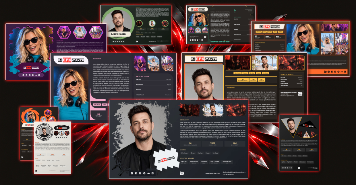 Browse DJ EPK templates for a polished press kit, with portrait and landscape designs.