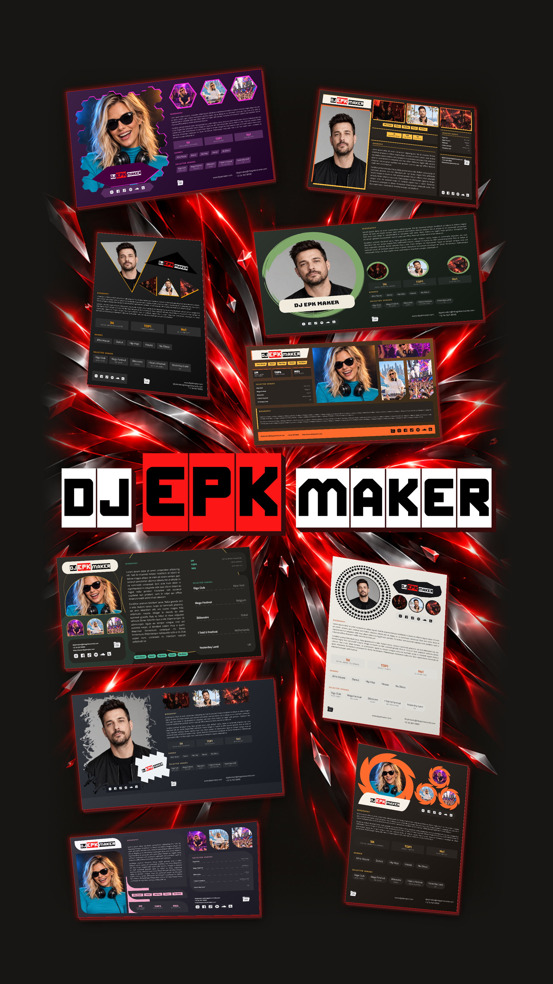 DJ EPK Maker logo among a vertical gallery of complete press kits featuring women and men DJs.