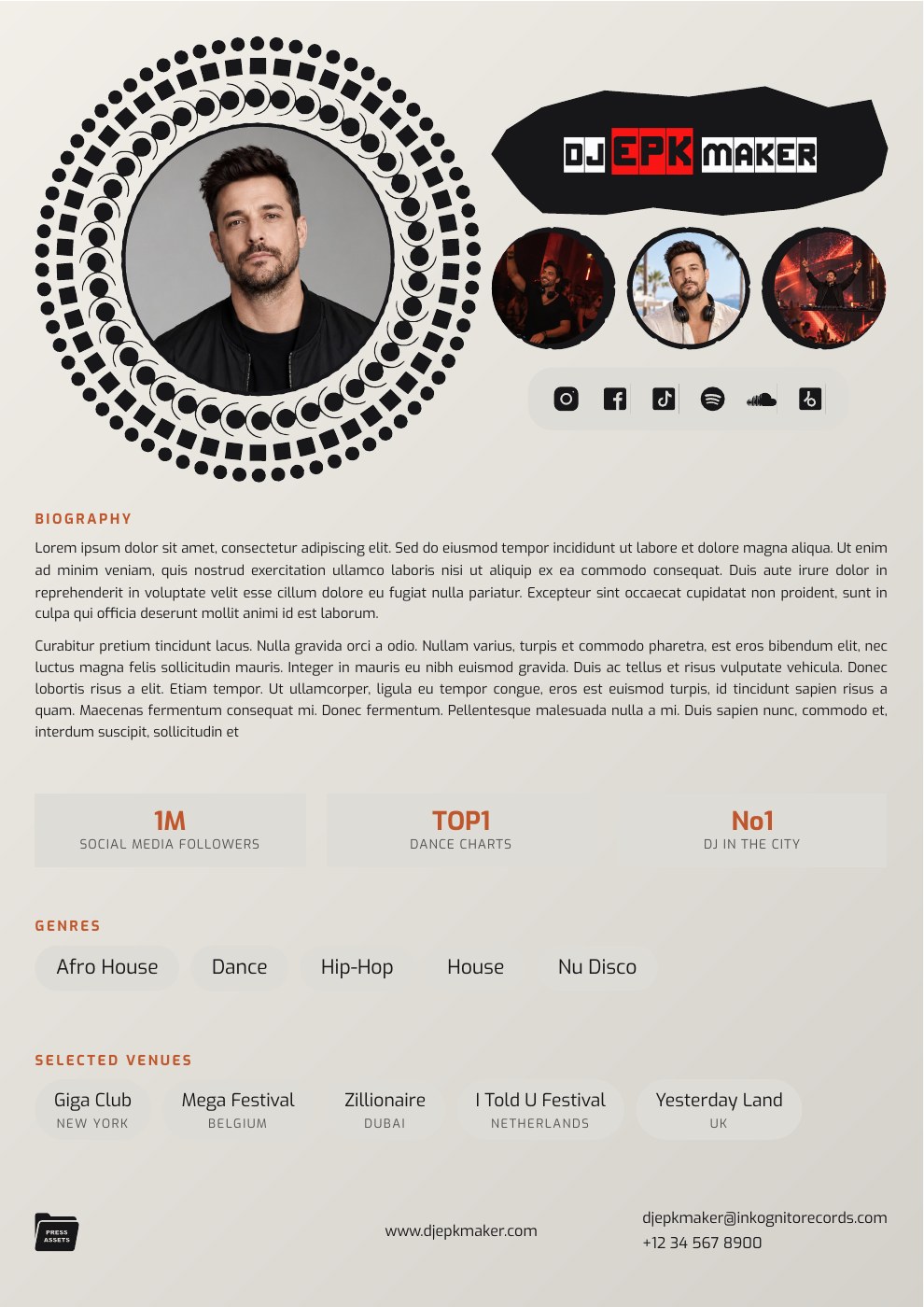 Full portrait DJ EPK featuring a man DJ, with the complete design visible.