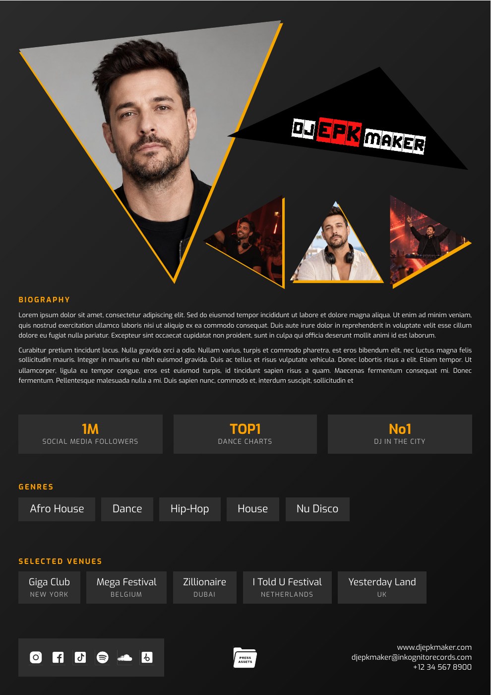 Full landscape DJ EPK featuring a man DJ, with all sections of the design visible.