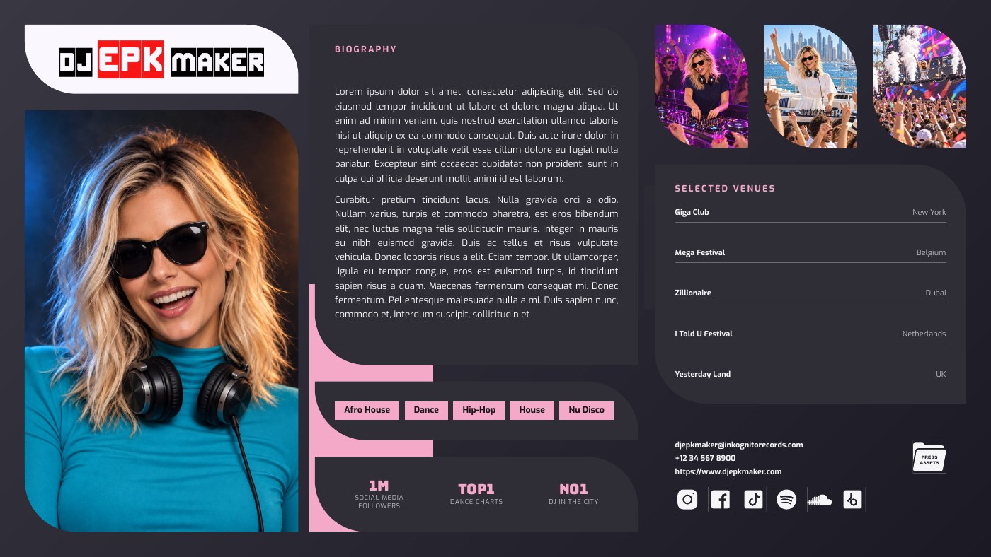 Full landscape DJ EPK featuring a woman DJ, with all sections of the design visible.