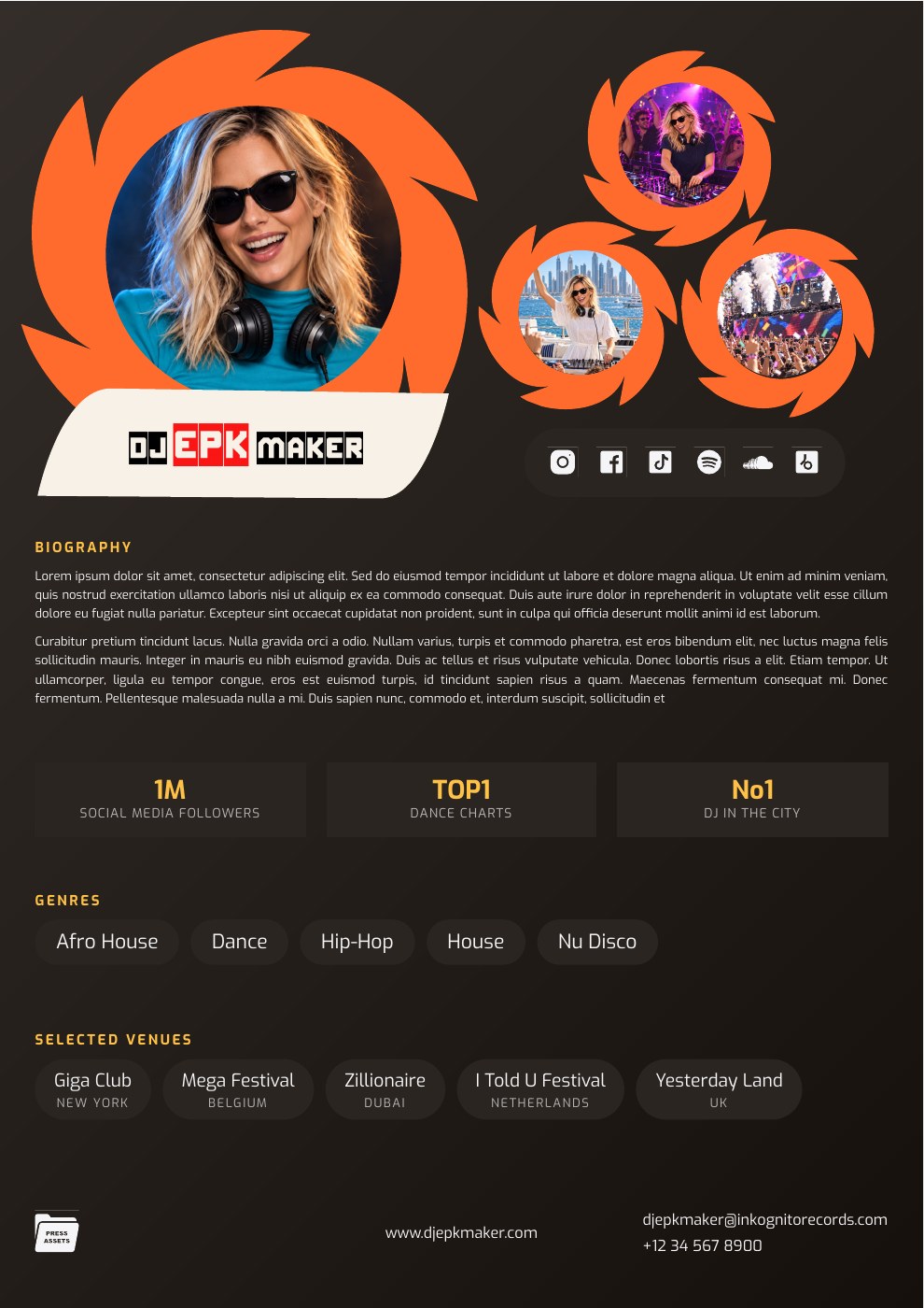Full portrait DJ EPK featuring a woman DJ, with the complete design visible.