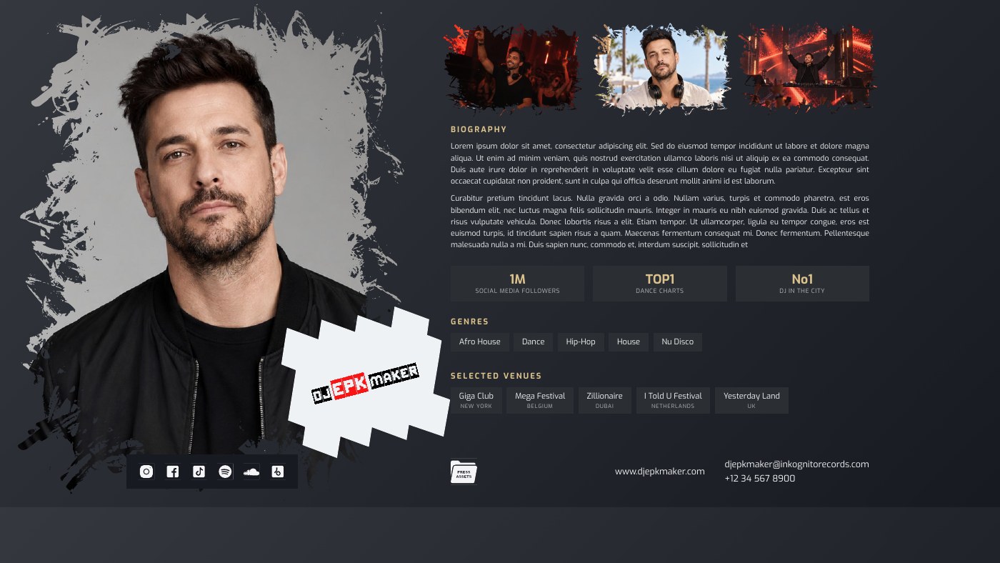 Full landscape grunge-style DJ EPK with a man DJ and his artist profile details.