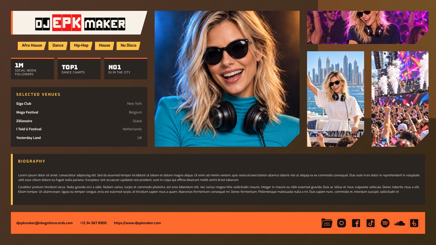 Full landscape DJ EPK with a woman DJ, career highlights, selected venues, biography, and social links.