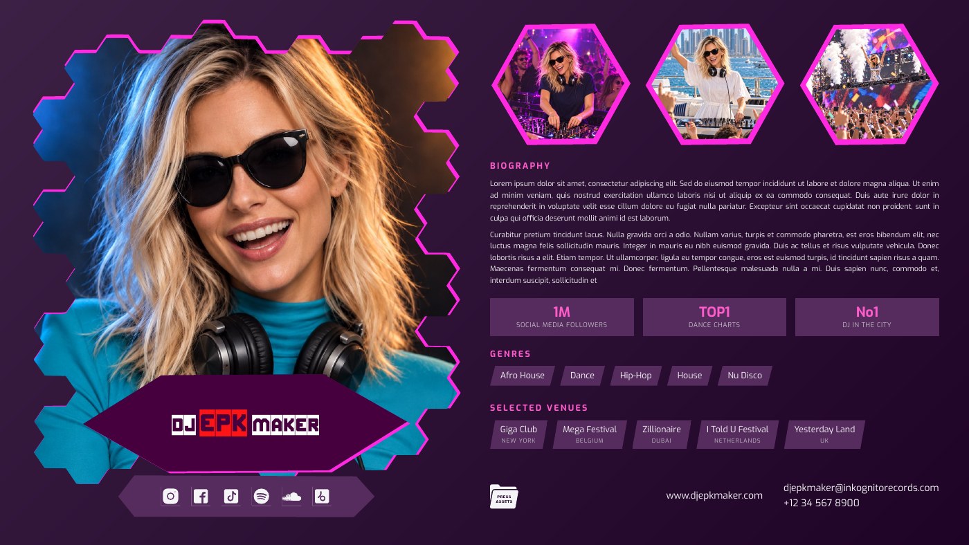 Full landscape hexagon-style DJ EPK with a woman DJ and her artist profile details.