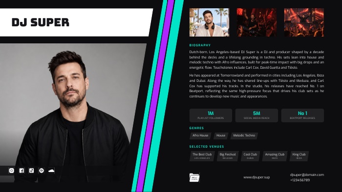 Full diagonal DJ EPK design with portrait, bio, stats, genres, venues, and links visible.