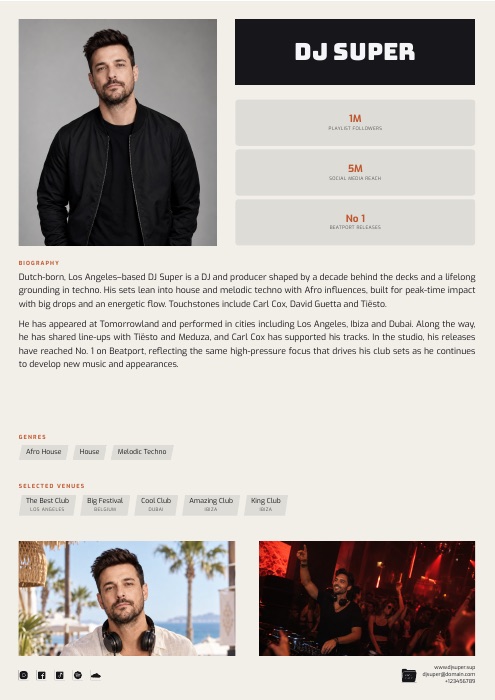 Full minimal portrait EPK design, shown without cropping.